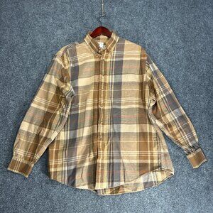 Brooks Brothers Shirt Mens Large Button Down The Original Polo Tan Plaid Flannel